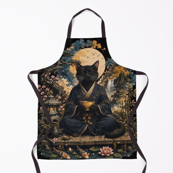 Item preview, Zen Cat Meditation | Japanese Moon Garden Black Cat | Koi Pond & Sakura Spiritual Cat Art Gift designed and sold by BlackCat Vibe.