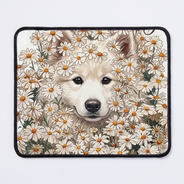 Item preview, Cute white fluffy Samoyed puppy face surrounded by a dense field of white daisies designed and sold by LavIsInTheAir.
