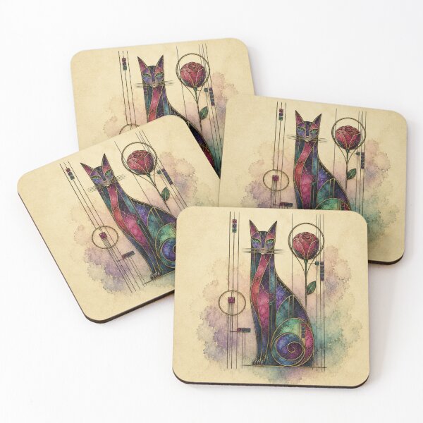 Item preview, Art Deco Stained Glass Cat & Rose designed and sold by PurrfectWhisper.