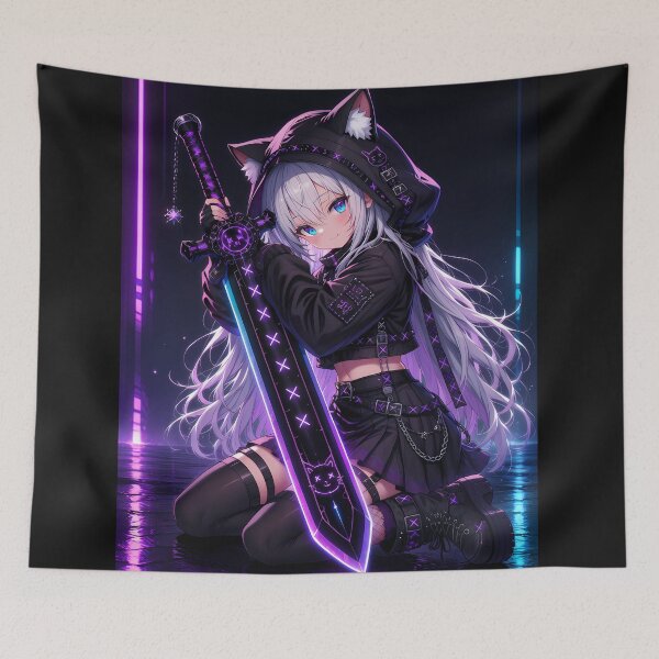 Item preview, Cyberpunk Neko Warrior – Neon Anime Girl with Glowing Sword designed and sold by Revyra Design .