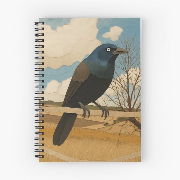 Item preview, Grackle Bird Perched on a Dry Branch in Countryside Landscape Illustration designed and sold by BlueBerry45.