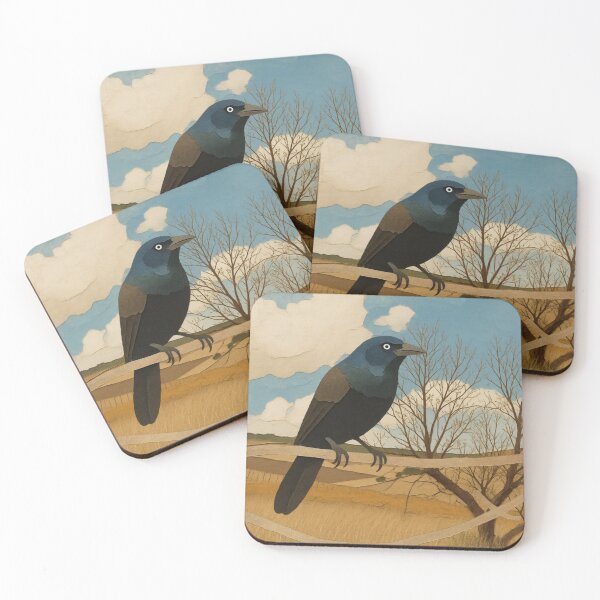 Item preview, Grackle Bird Perched on a Dry Branch in Countryside Landscape Illustration designed and sold by BlueBerry45.