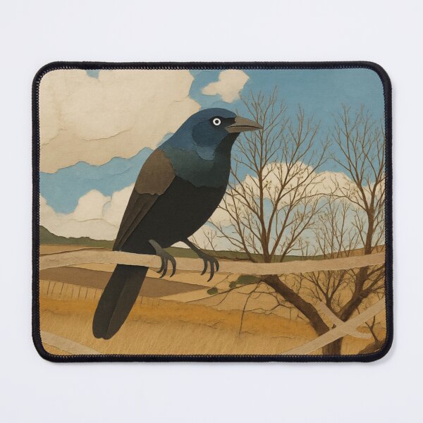 Item preview, Grackle Bird Perched on a Dry Branch in Countryside Landscape Illustration designed and sold by BlueBerry45.
