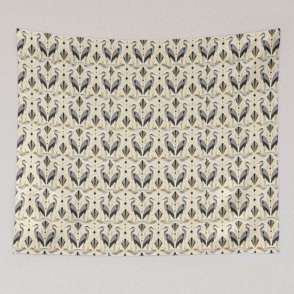 Item preview, Heron Art Deco Silver Gold Navy Seamless Pattern designed and sold by Inkworksbyshery.