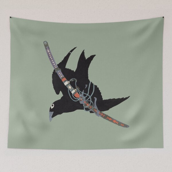 Item preview, Japanese Animal Art - Crow - Modern Ukiyo-e - Japandi, Sage Green designed and sold by Black Swallow.