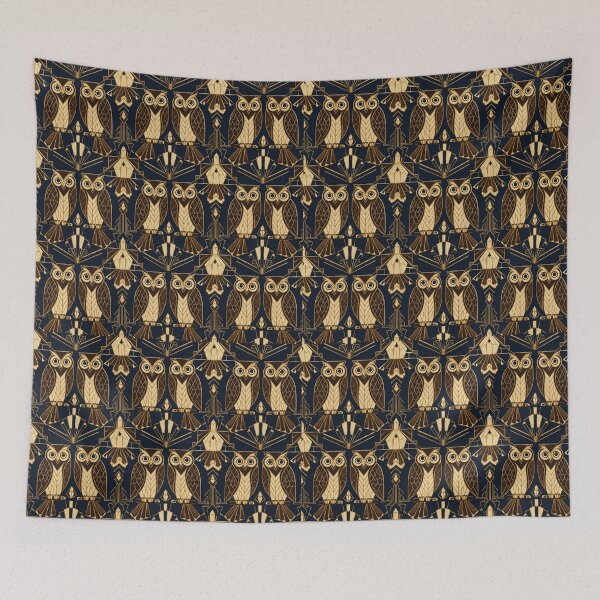 Item preview, Owl Art Deco Brown Gold Navy Seamless Pattern designed and sold by Inkworksbyshery.