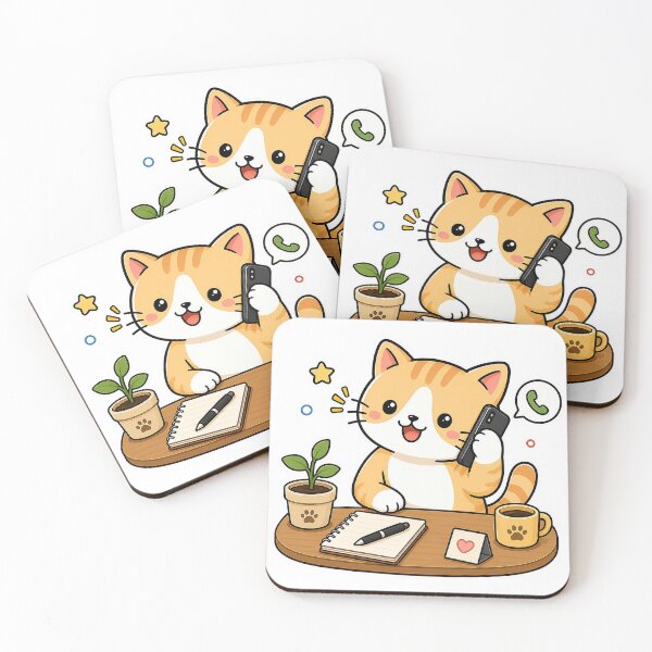 Item preview, Cute Cat Calling On Smartphone Kawaii Kitty Desk Work Illustration designed and sold by NoopnyangStudio.