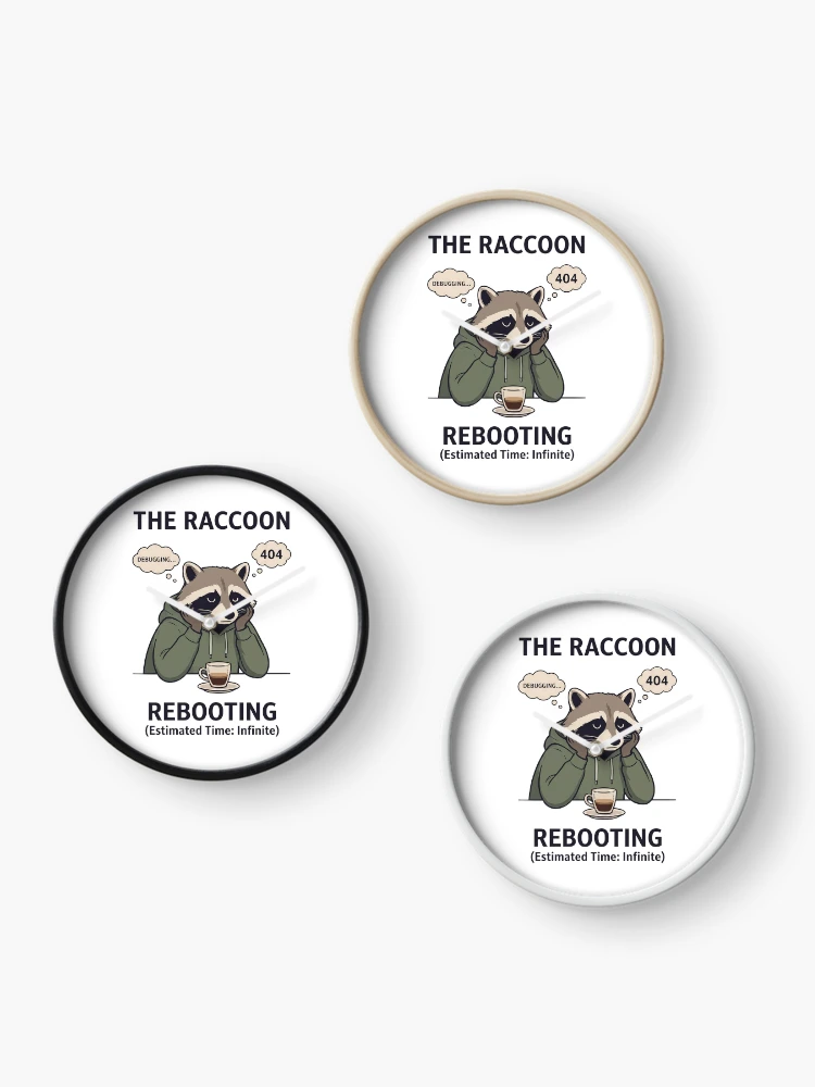Thumbnail 3 of 4, Clock, Debugging Raccoon - 404 Error Rebooting Funny Tech Humor designed and sold by BobbyTee Merch.