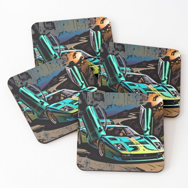 Item preview, Neon Teal Supercar Butterfly Doors Mountain Sunset Art designed and sold by Nexus Space.