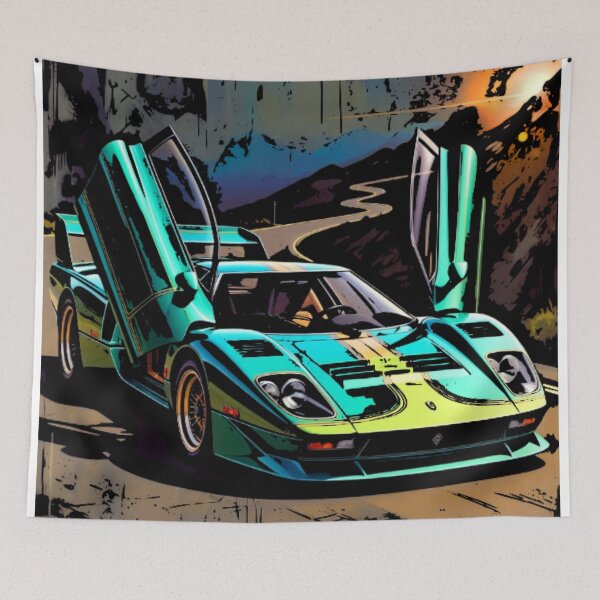 Item preview, Neon Teal Supercar Butterfly Doors Mountain Sunset Art designed and sold by Nexus Space.