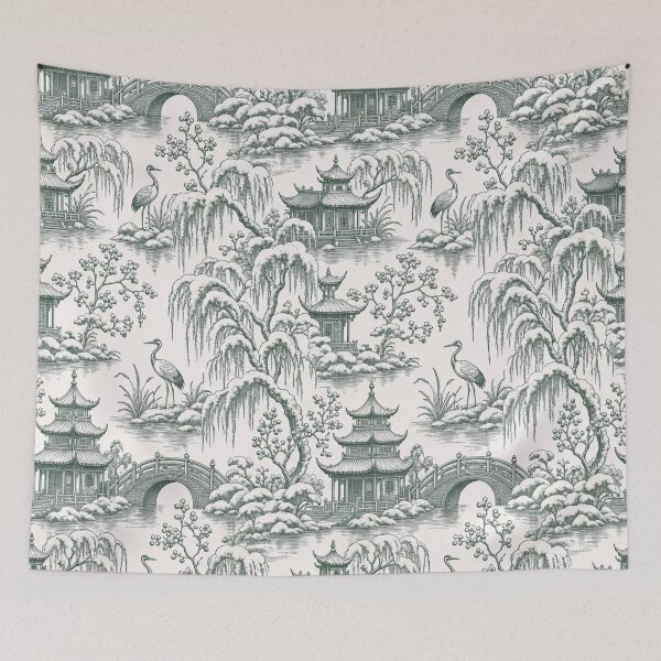 Item preview, Chinoiserie Christmas Pagoda Garden Seamless Pattern | Winter Toile Forest Green designed and sold by StickyGuys.