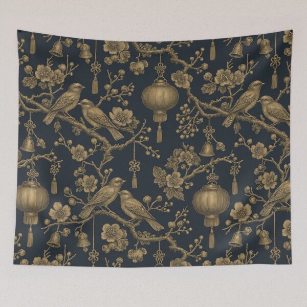 Item preview, Chinoiserie Christmas Songbirds Seamless Pattern | Gold on Charcoal Holiday Toile designed and sold by StickyGuys.