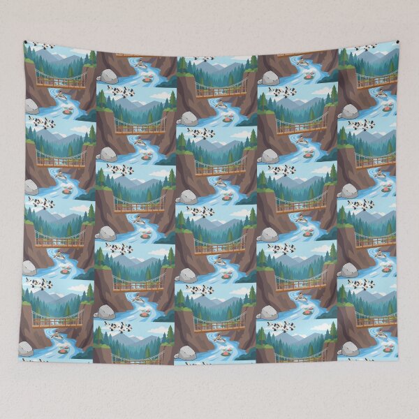 Item preview, Peaceful Mountain River Adventure with Wooden Bridge Illustration designed and sold by Emanartstudio14.