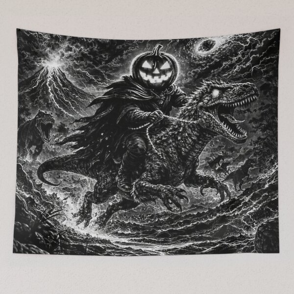 Item preview, Headless Horseman Prehistoric Apocalypse – Scratchboard Halloween Fantasy Art designed and sold by TheHorsemanRidesAgain.