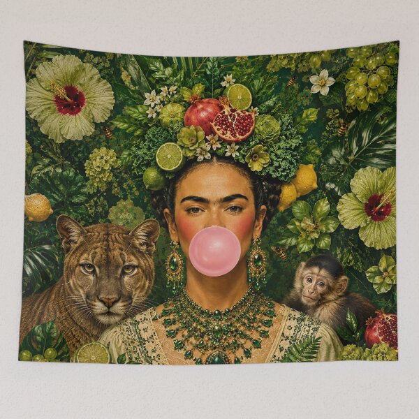 Item preview, Frida Kahlo Jungle Bubble Gum puma & Monkey Botanical art designed and sold by Muycote.