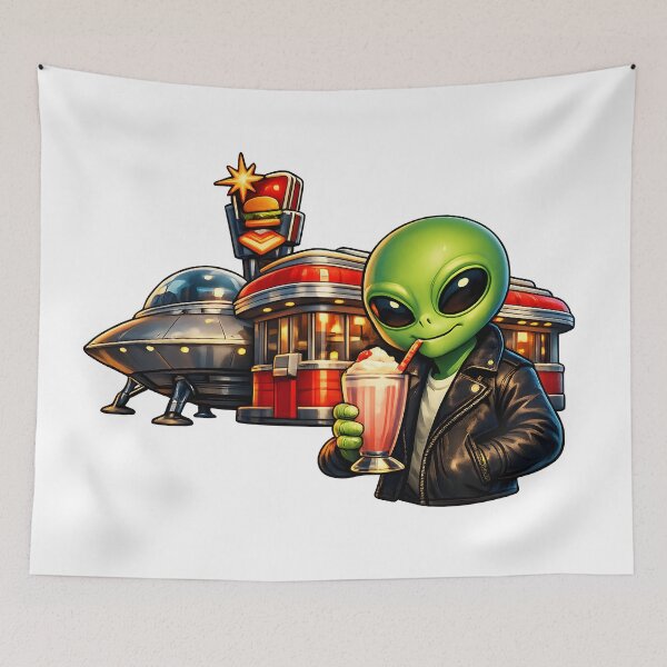 Item preview, Retro Sci-Fi Alien Enjoying a Milkshake at a 1950s Diner designed and sold by builtforyou.