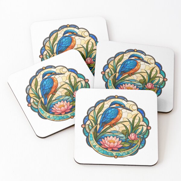 Item preview, Stained Glass Kingfisher Lotus Moon designed and sold by aihrgdesign.