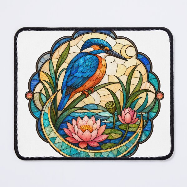 Item preview, Stained Glass Kingfisher Lotus Moon designed and sold by aihrgdesign.
