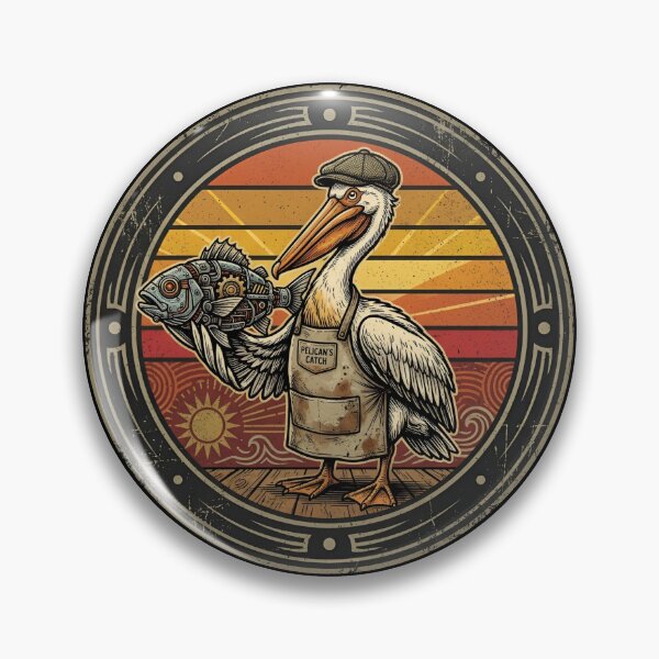 Item preview, Retro Cyber Fishmonger Pelican Vintage Badge designed and sold by DuckOddity.