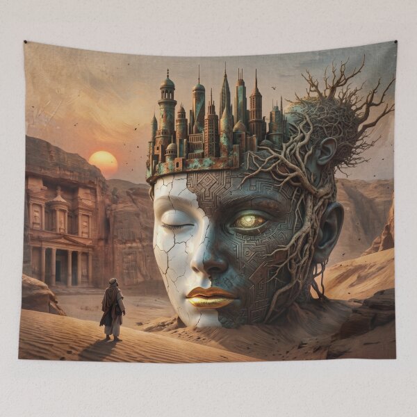 Item preview, Ancient Desert Cyberpunk Petra Head City Surreal Ruins Art designed and sold by RAMIX-Y2K.