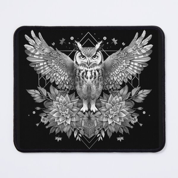 Item preview, Majestic Owl with Floral Wings Geometric Monochrome Nature Art designed and sold by inkoutninja.