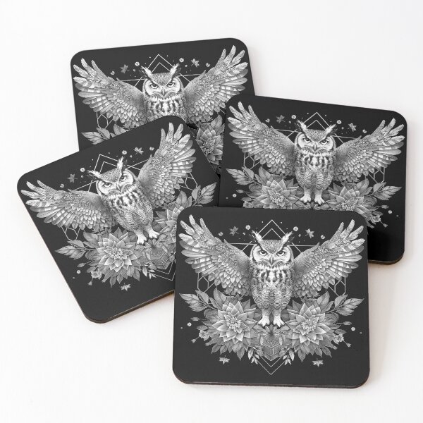 Item preview, Majestic Owl with Floral Wings Geometric Monochrome Nature Art designed and sold by inkoutninja.
