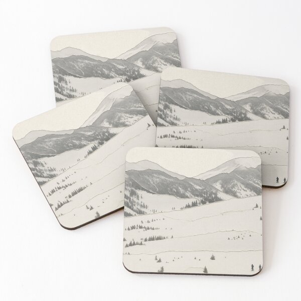 Item preview, Skiers in a Vast Winter Mountain Landscape with Pine Trees Illustration designed and sold by BlueBerry45.