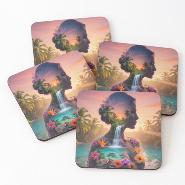 Item preview, Tropical Goddess Double Exposure Waterfall Sunset Fantasy Art | Paradise Nature Portrait designed and sold by DreamyWallVibes.