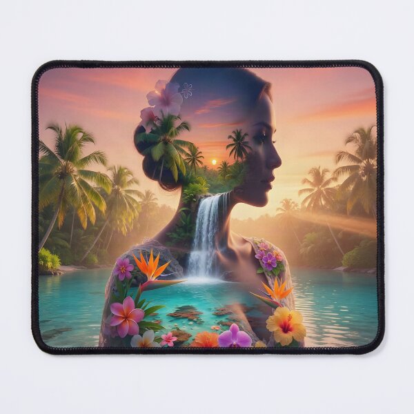 Item preview, Tropical Goddess Double Exposure Waterfall Sunset Fantasy Art | Paradise Nature Portrait designed and sold by DreamyWallVibes.