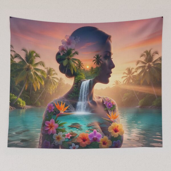 Item preview, Tropical Goddess Double Exposure Waterfall Sunset Fantasy Art | Paradise Nature Portrait designed and sold by DreamyWallVibes.