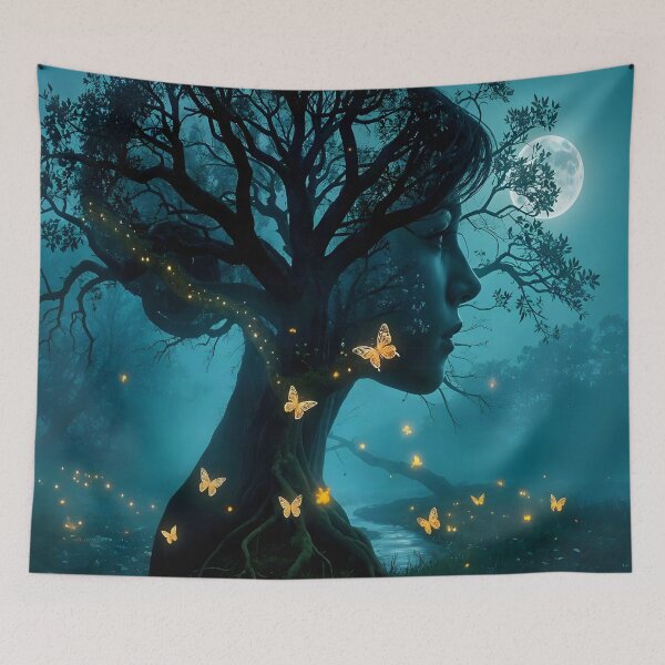 Item preview, Enchanted Moonlit Forest Double Exposure with Glowing Butterflies | Mystical Fantasy Art designed and sold by DreamyWallVibes.