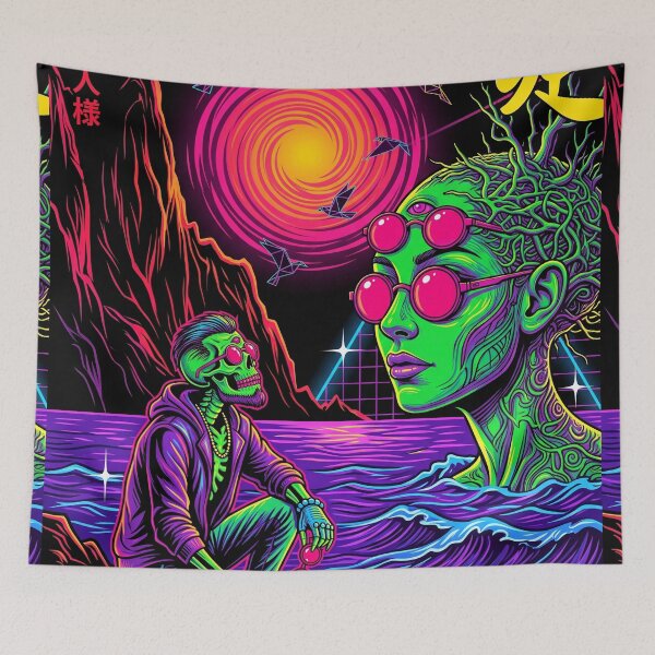 Item preview, Psychedelic Cyberpunk Skeleton Japanese Surreal Synthwave Alien Art designed and sold by RAMIX-Y2K.
