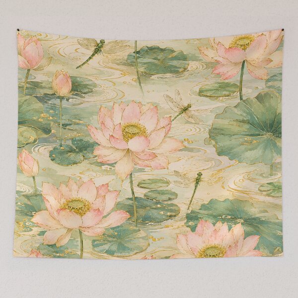 Item preview, Lotus Flowers & Dragonflies Japanese Botanical Seamless Pattern designed and sold by lavanya11.