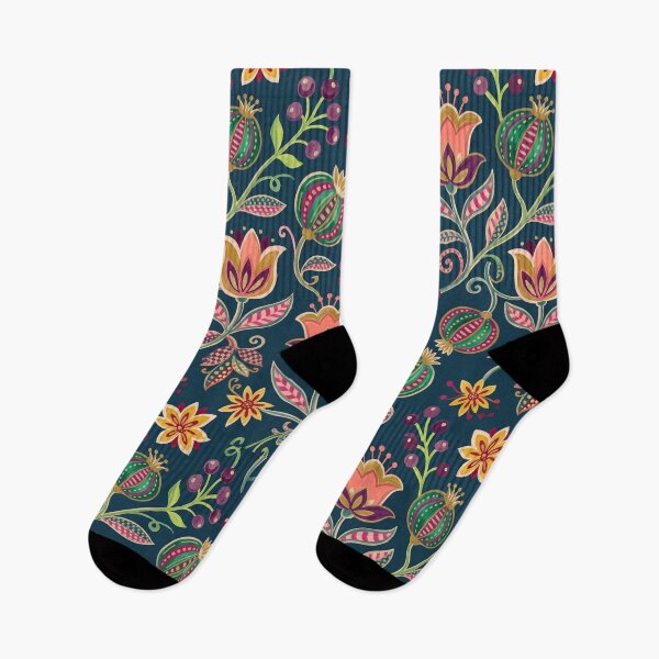 Item preview, Moody Folk Floral & Striped Bulb Pattern Dark Navy designed and sold by 21 Tulips.