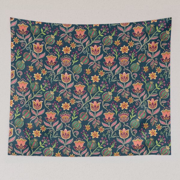 Item preview, Moody Folk Floral & Striped Bulb Pattern Dark Navy designed and sold by 21 Tulips.