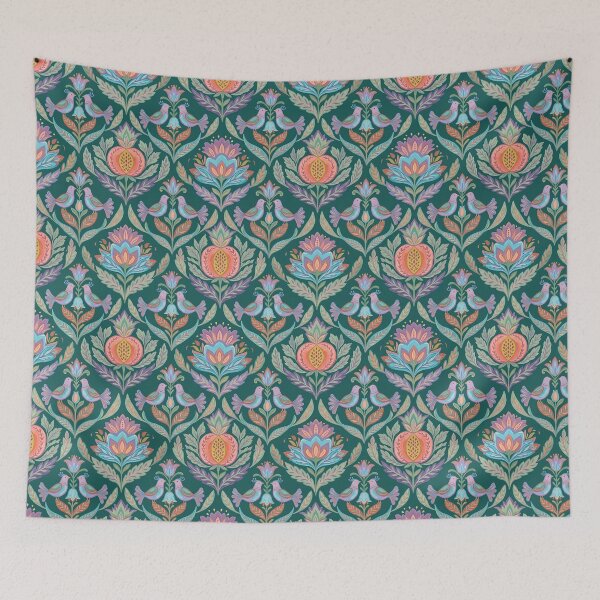 Item preview, Symmetrical Birds & Pomegranate Floral Pattern Teal designed and sold by 21 Tulips.