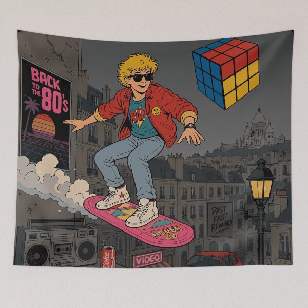 Item preview, Retro 80s Hoverboard Skateboarder City Adventure designed and sold by RosieKingArt.