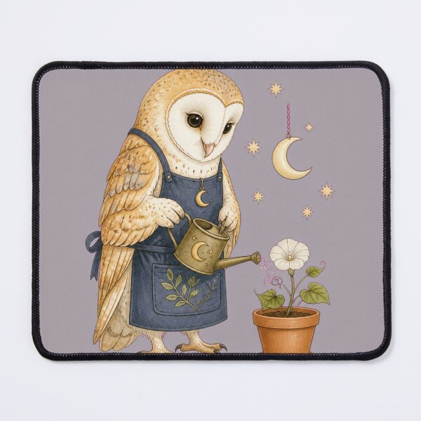 Item preview, Whimsical Barn Owl Night Gardener with Moonflowers designed and sold by Tender Oddities Studio.