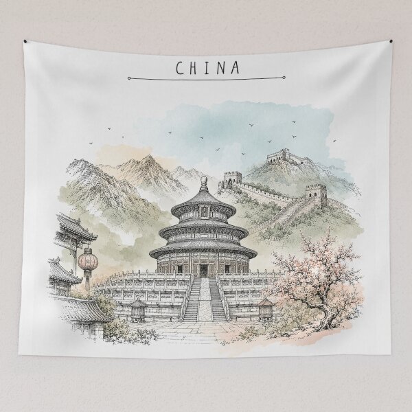 Item preview, China Landmarks Vintage Travel Poster Minimal Watercolor designed and sold by Sketchbook Studio by Aqsaa.