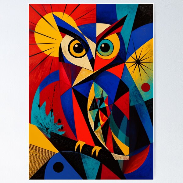 Item preview, Colorful Geometric Owl - Abstract Cubist Stained Glass Owl Bird Art designed and sold by inkaylindesign.