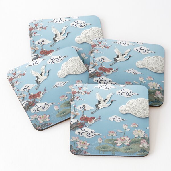Item preview, Korean Traditional Art - Sacred Cranes, Lotus & Clouds Pattern, Blue Hanji Aesthetic designed and sold by SOOstudio73.