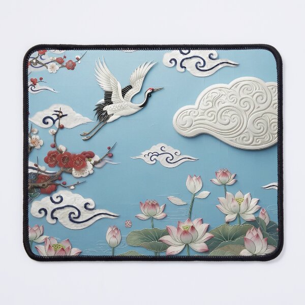 Item preview, Korean Traditional Art - Sacred Cranes, Lotus & Clouds Pattern, Blue Hanji Aesthetic designed and sold by SOOstudio73.