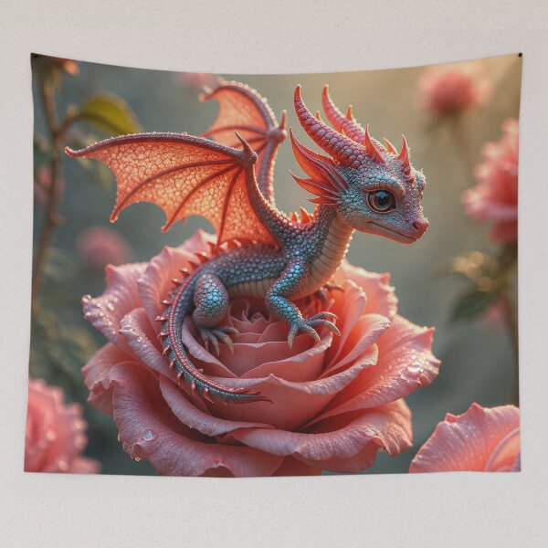 Item preview, Cute Baby Rose Dragon – Kawaii Fantasy Dragon on Pink Rose designed and sold by DrakariArt.