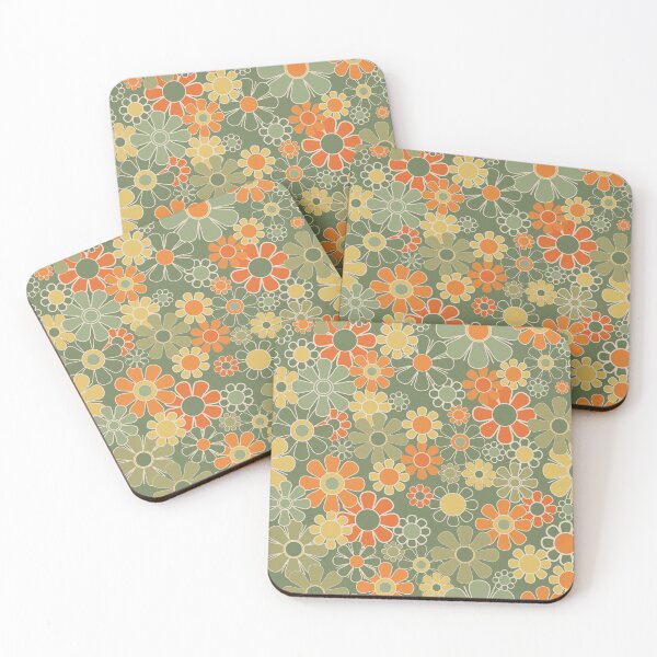 Item preview, Vintage Floral Retro Garden Pattern in Mossy Olive Sage Green Orange Yellow designed and sold by kierkegaard.