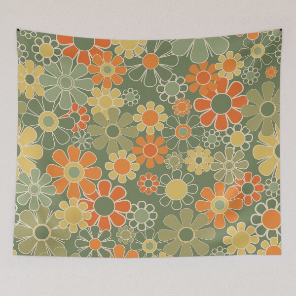 Item preview, Vintage Floral Retro Garden Pattern in Mossy Olive Sage Green Orange Yellow designed and sold by kierkegaard.