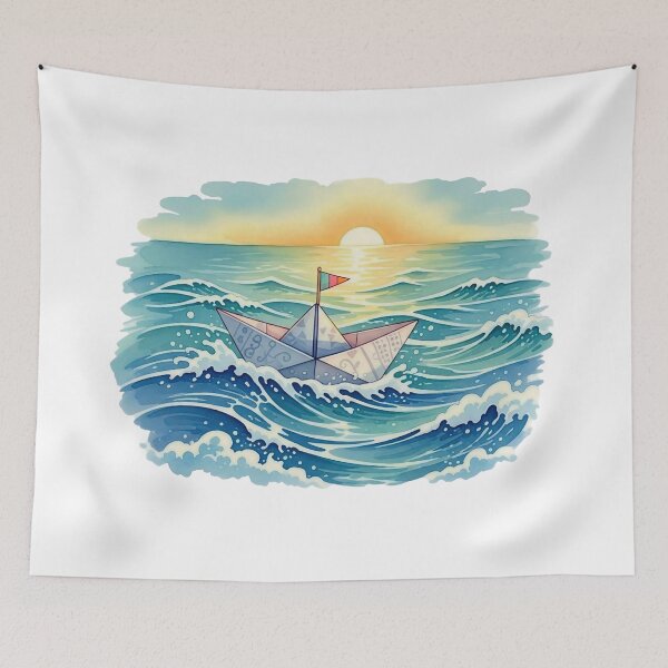 Item preview, Paper Boat Sailing at Sunset | Ocean Waves Nautical Coastal Art Design designed and sold by Awarrie.