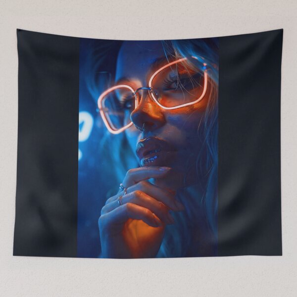 Item preview, Neon Glow Cyberpunk Portrait - Electric Orange & Blue Aesthetics designed and sold by abanoubnabil.