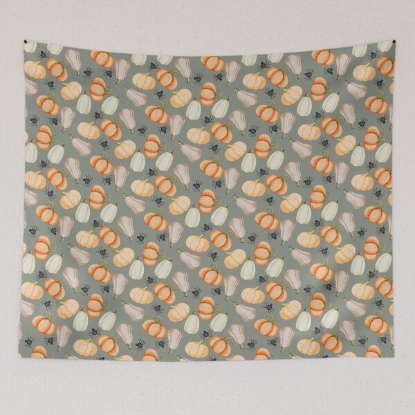 Item preview, Watercolor Heirloom Pumpkins and Spiders Sage Green Halloween Pattern designed and sold by svitlaarty.