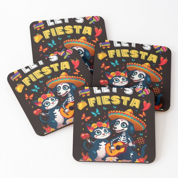 Item preview, Let's Fiesta Funny Sugar Skull Cat Dog Day of the Dead Vintage Art designed and sold by mari-kayden.