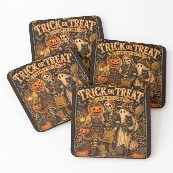 Item preview, Vintage Trick or Treat Halloween Friends Pumpkin Ghost Skeleton Retro Art designed and sold by mari-kayden.